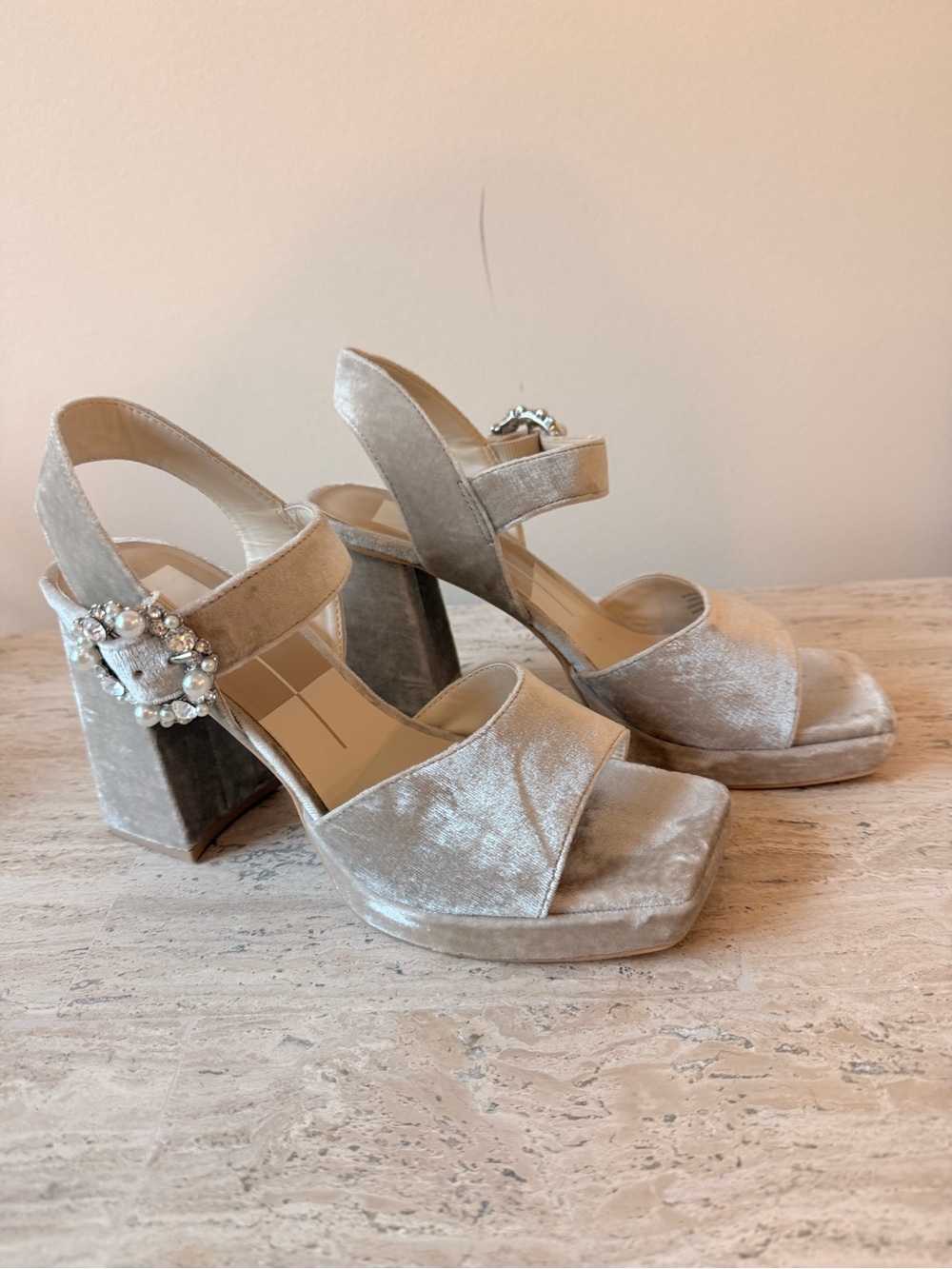 Dolce Vita Taupe Velvet Platform Sandals with Pearl and Rhinestone Buckle